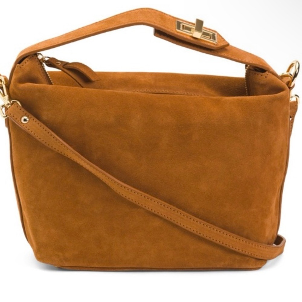 NWT Claudia Suede Brown Folded Handle Crossbody Bag